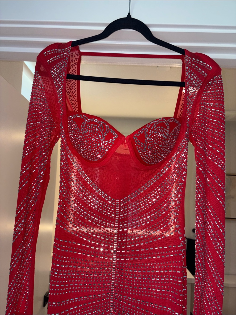 Macy's Red Long Sleeve Sequin Mesh Gown with Sculpted Bust - Picture 4 of 13